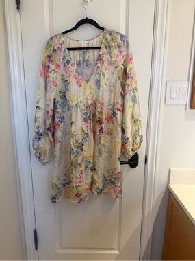 Floral V-Neck Long Sleeve Women's Dress - Cream Multi